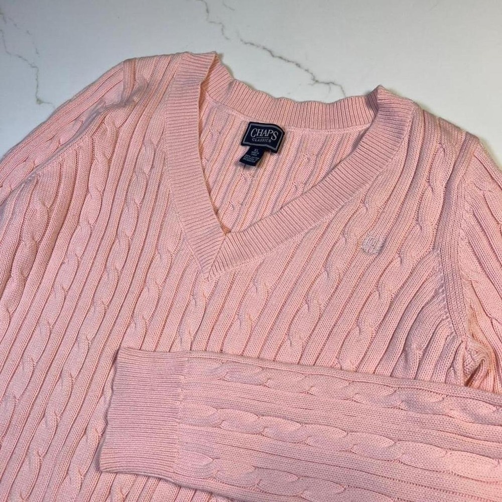 Chaps Classics Pink Cable Knit V Neck Sweater XL Cotton Preppy Old Money Style